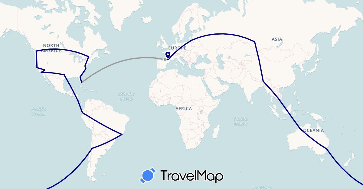 TravelMap itinerary: driving, plane in Australia, Brazil, Bhutan, Canada, Chile, Costa Rica, Ecuador, France, Cambodia, Lithuania, Russia, United States (Asia, Europe, North America, Oceania, South America)